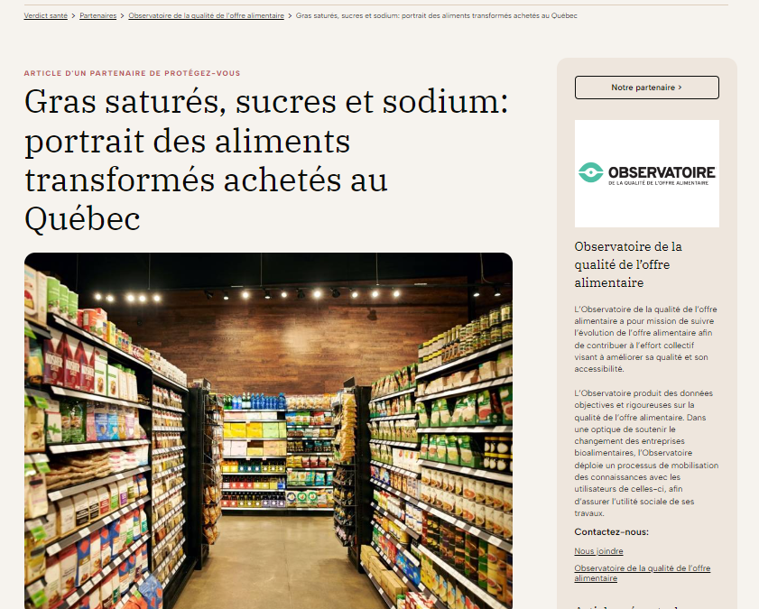 Article – Gras saturés, sucres et sodium: portrait des aliments transformés achetés au Québec